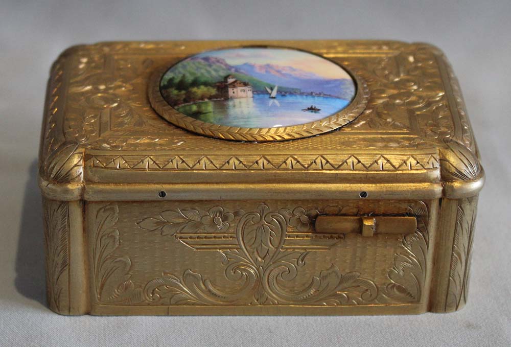 Antique singing bird box silver gilt and enamel by Bontems of Paris.
