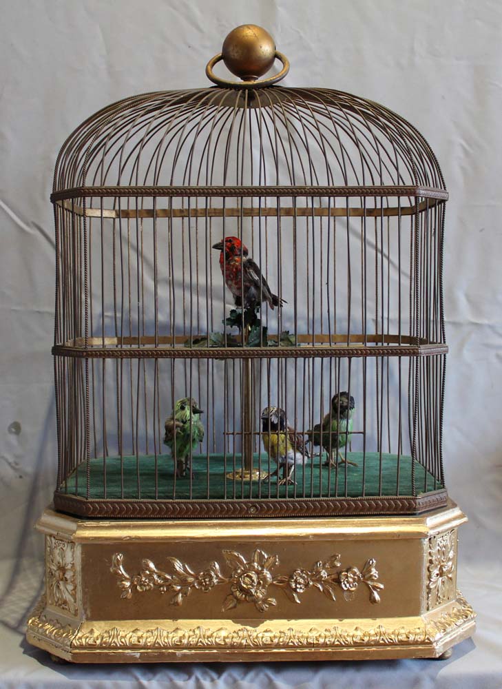 Antique and rare singing bird cage with four working and singing automaton birds by Bontems of Paris
