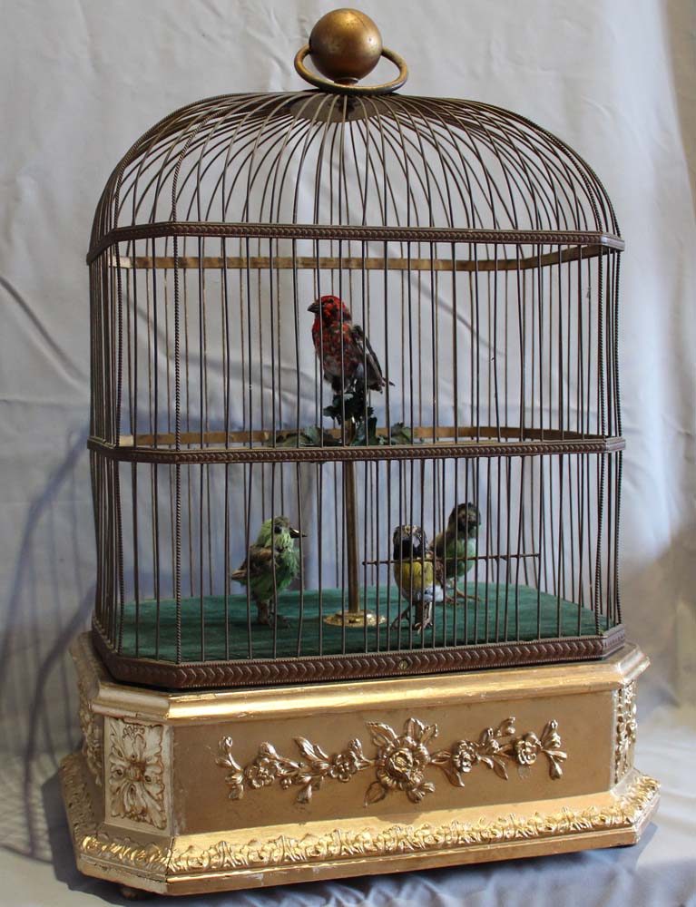 Antique and rare singing bird cage with four working and singing automaton birds by Bontems of Paris