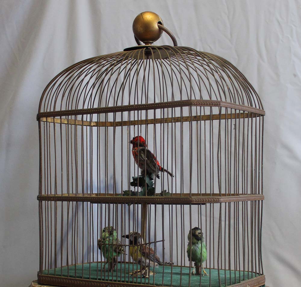 Antique and rare singing bird cage with four working and singing automaton birds by Bontems of Paris