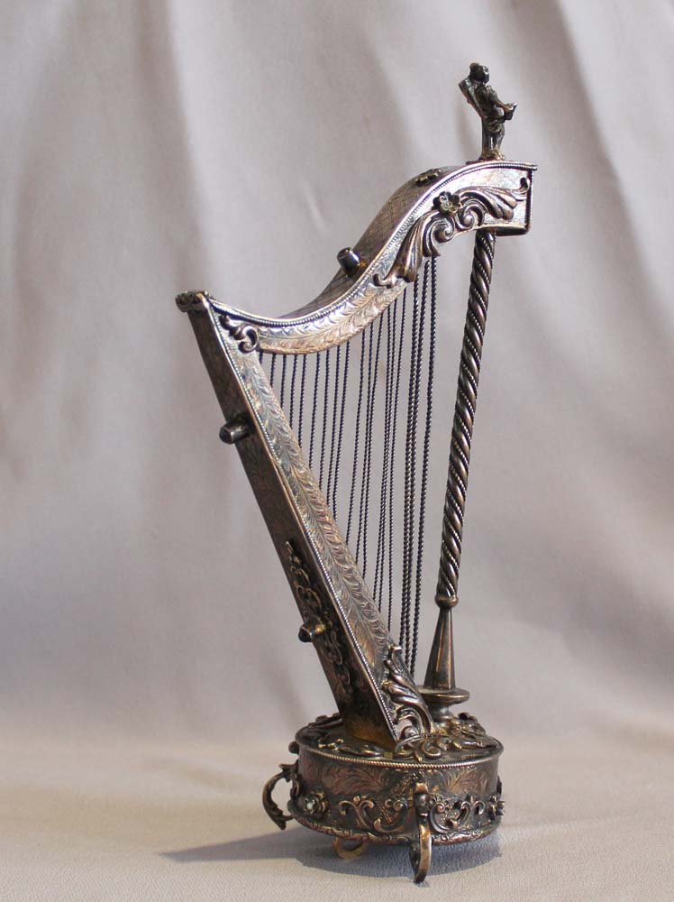 Antique musical harp silver gilt and jewelled, Austro Hungarian,