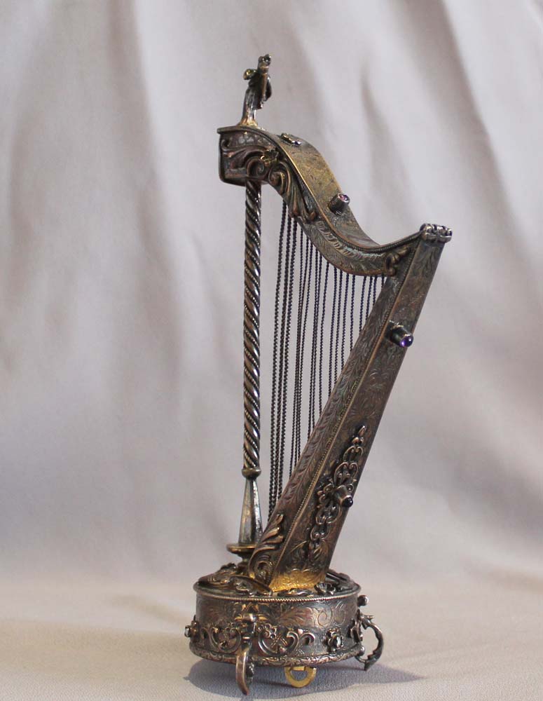 Antique musical harp silver gilt and jewelled, Austro Hungarian,