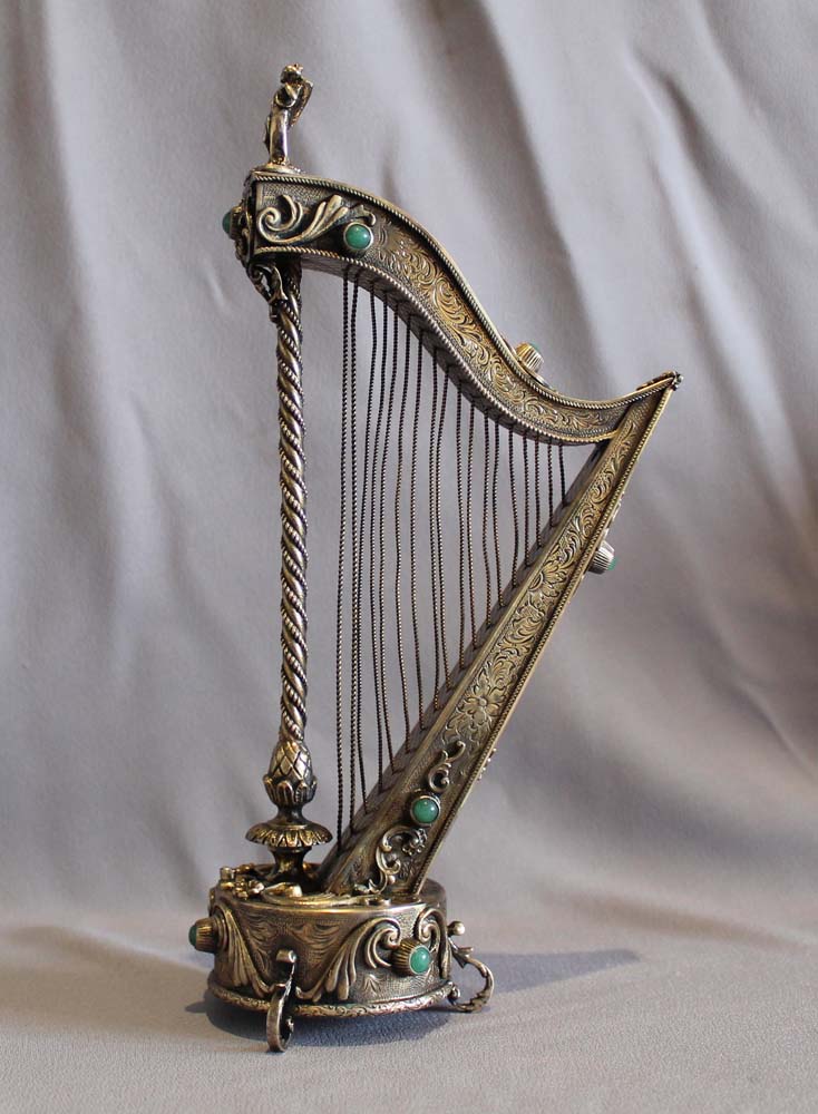 A musical harp silver gilt and jewelled, Austro Hungarian,