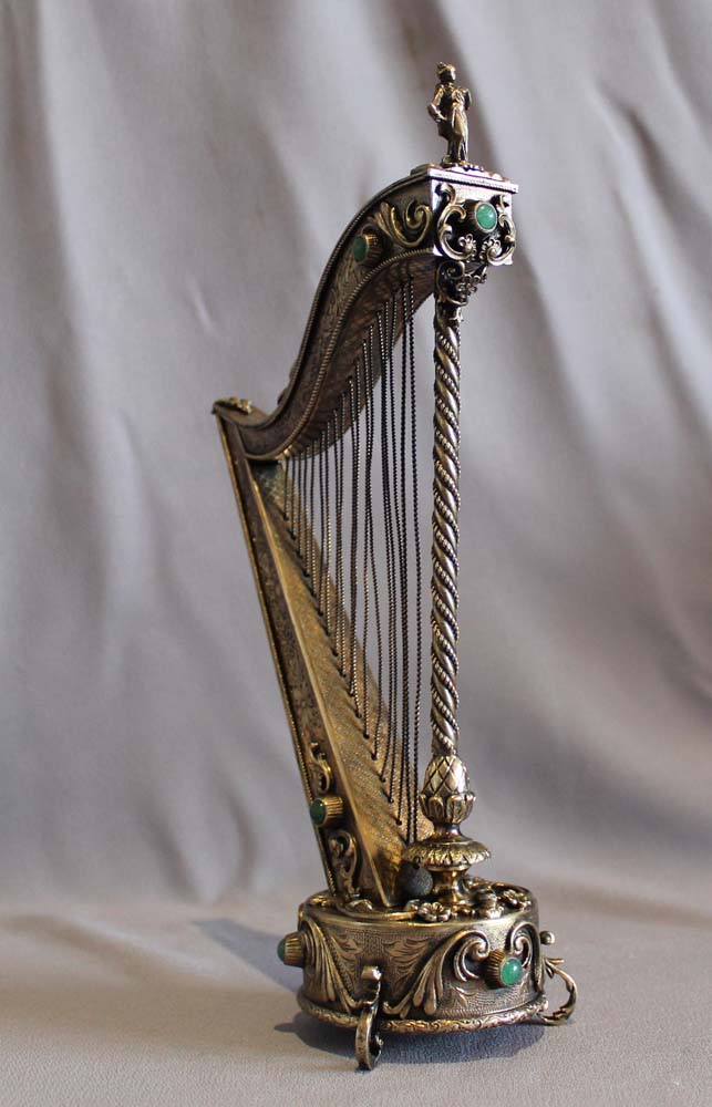A musical harp silver gilt and jewelled, Austro Hungarian,