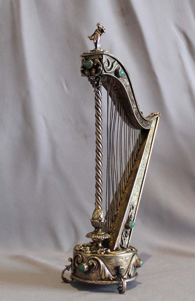 A musical harp silver gilt and jewelled, Austro Hungarian,