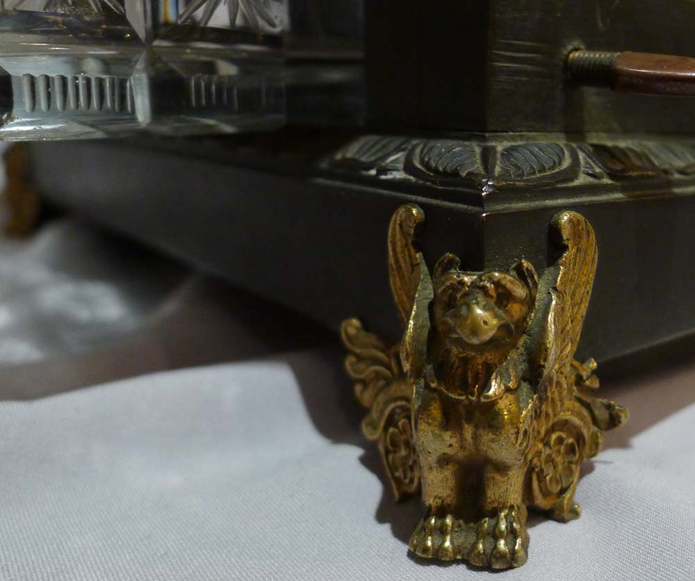 Antique automaton bronze mantel clock with moving water mechanism and hunting scene.