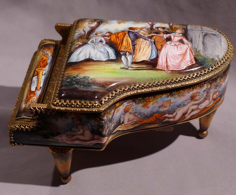 Austrian hand painted enamel musical piano