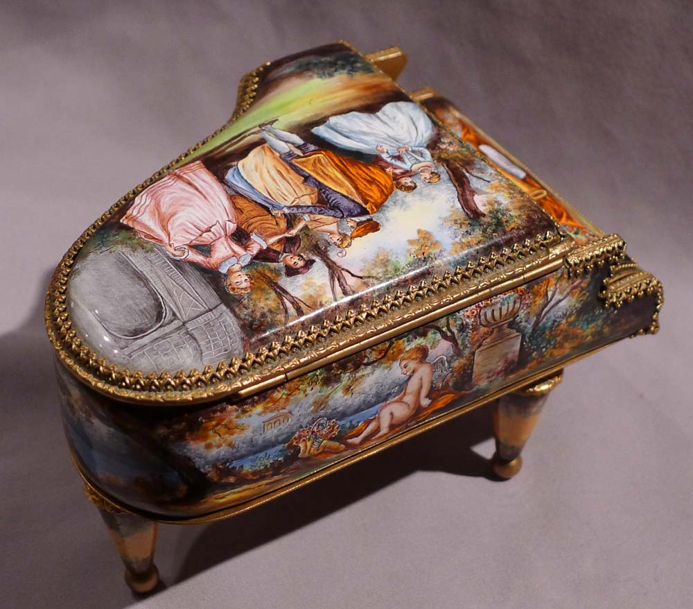 Austrian hand painted enamel musical piano