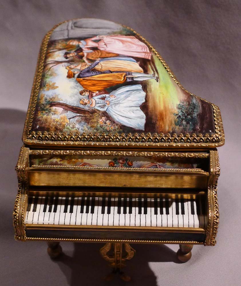 Austrian hand painted enamel musical piano