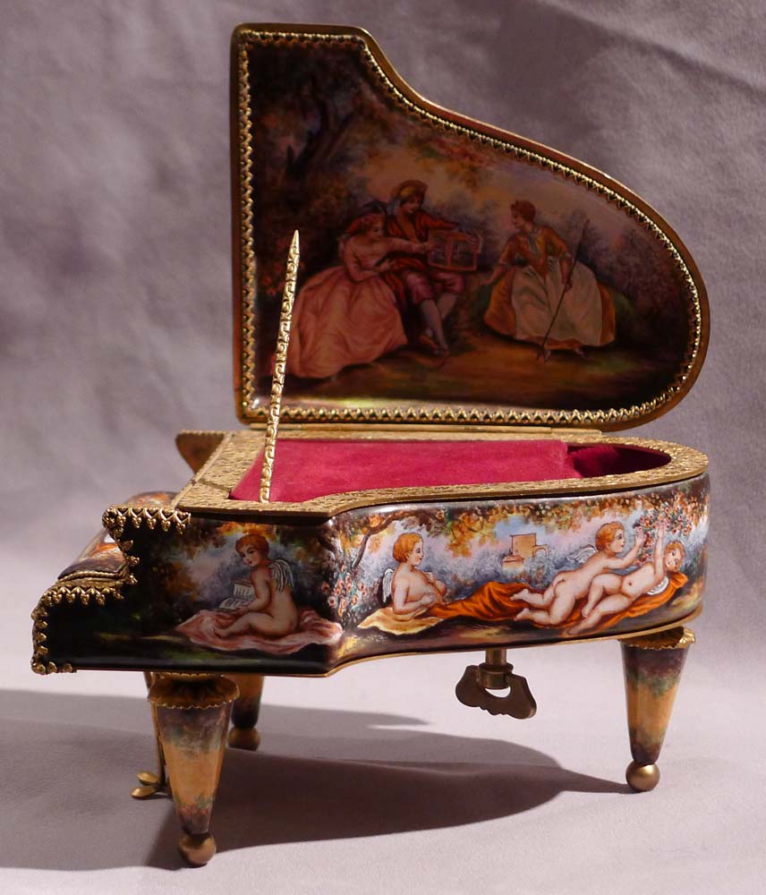 Austrian hand painted enamel musical piano