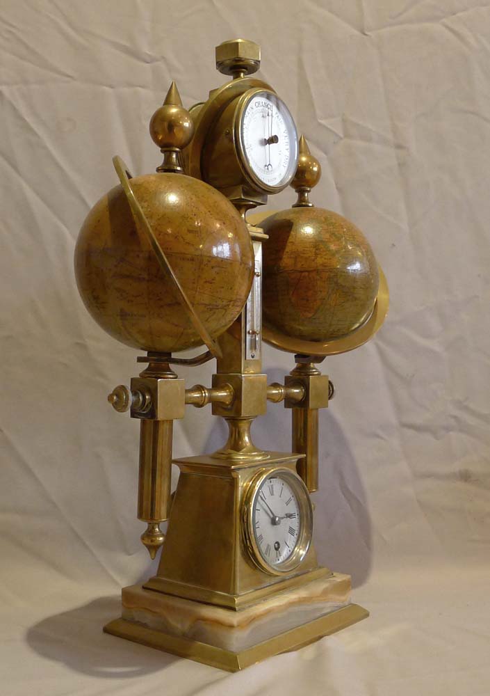 Desk compendium with two rotating terrestrial & celestial globes, thermometer, barometer & compass