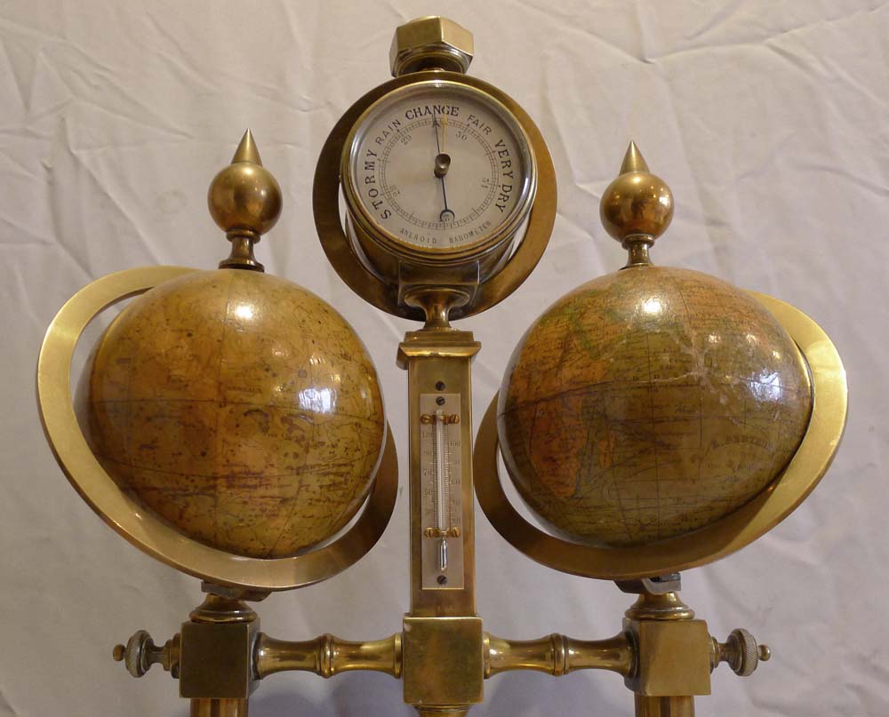 Desk compendium with two rotating terrestrial & celestial globes, thermometer, barometer & compass