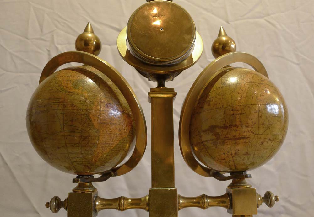 Desk compendium with two rotating terrestrial & celestial globes, thermometer, barometer & compass