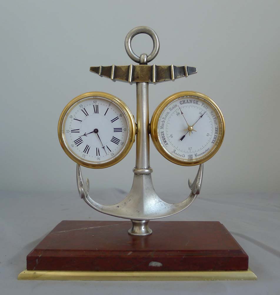 Antique Industrial Series Marine small deskset of clock, barometer and thermometer within an anchor.