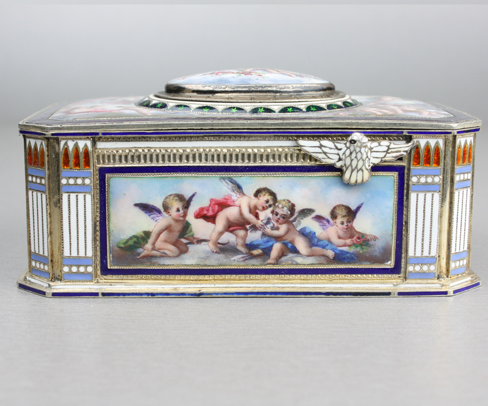 Singing bird box in silver and fine hand painted enamel by Karl Griesbaum