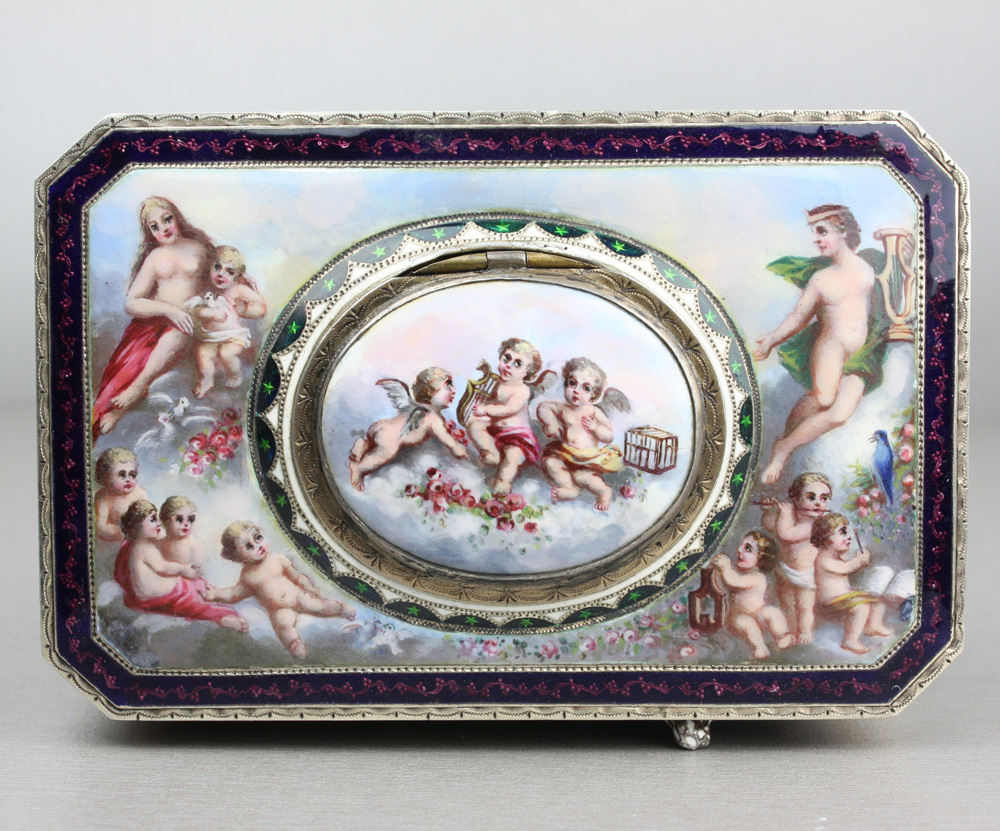 Singing bird box in silver and fine hand painted enamel by Karl Griesbaum