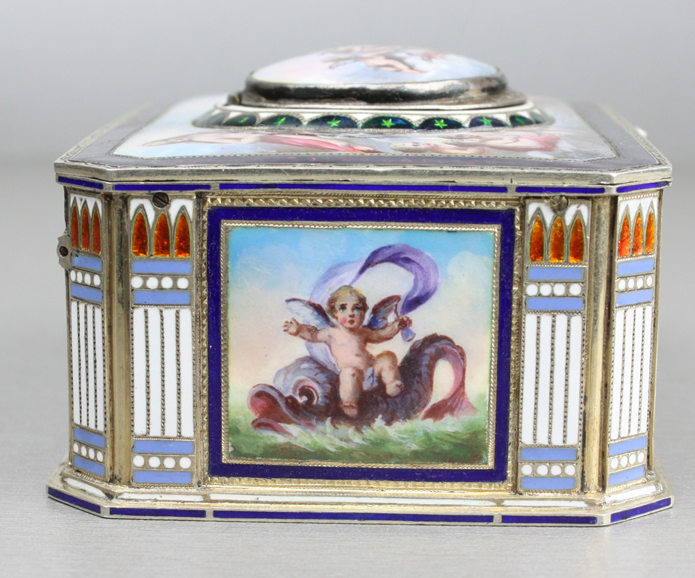 Singing bird box in silver and fine hand painted enamel by Karl Griesbaum