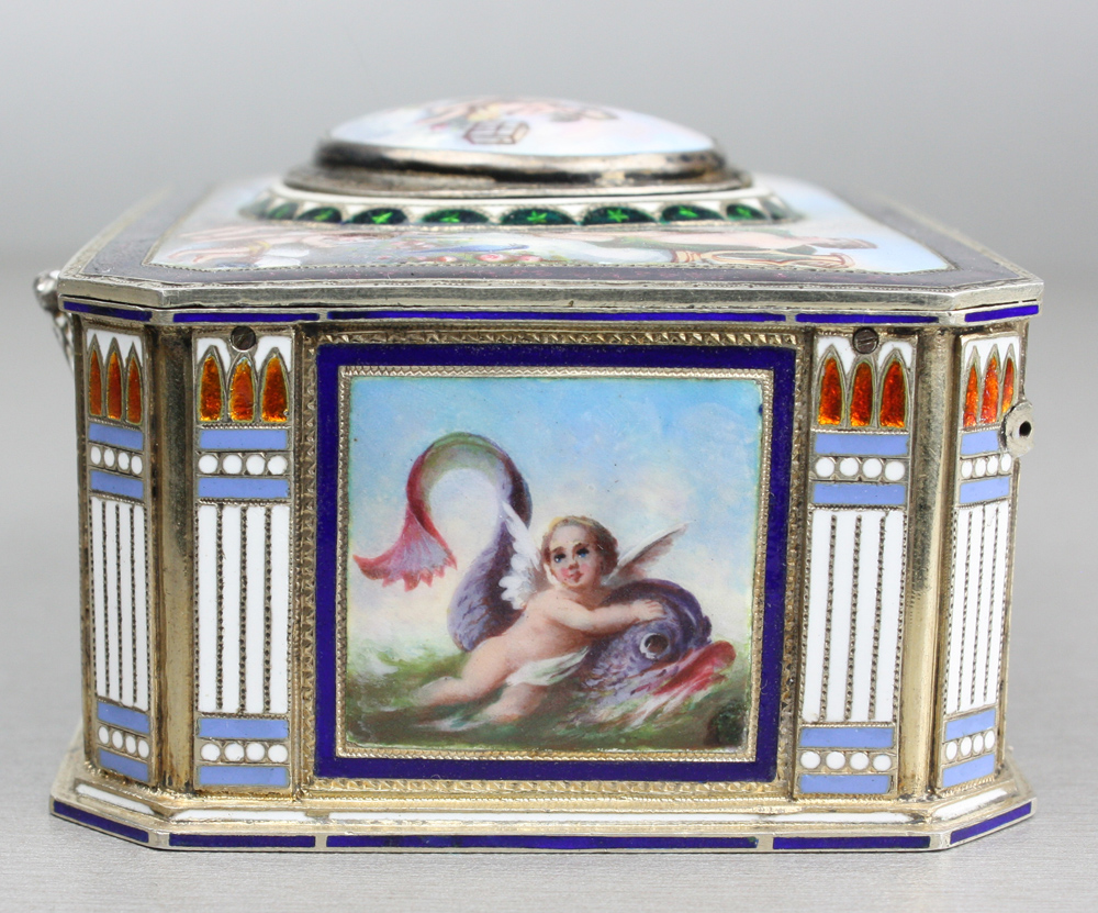 Singing bird box in silver and fine hand painted enamel by Karl Griesbaum