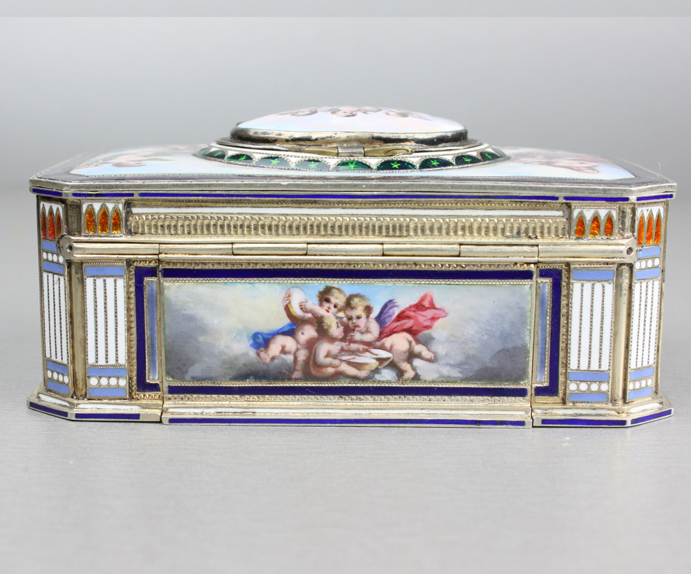 Singing bird box in silver and fine hand painted enamel by Karl Griesbaum