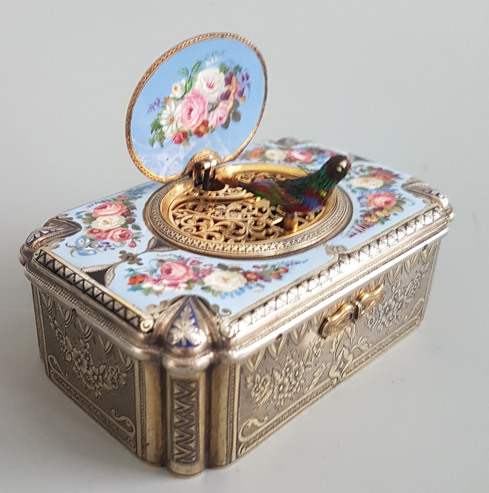 Antique Bruguier fusee singing bird box in silver gilt and enamel