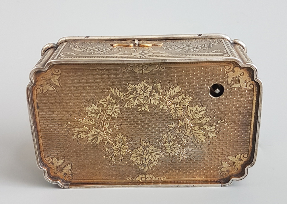 Antique Bruguier fusee singing bird box in silver gilt and enamel