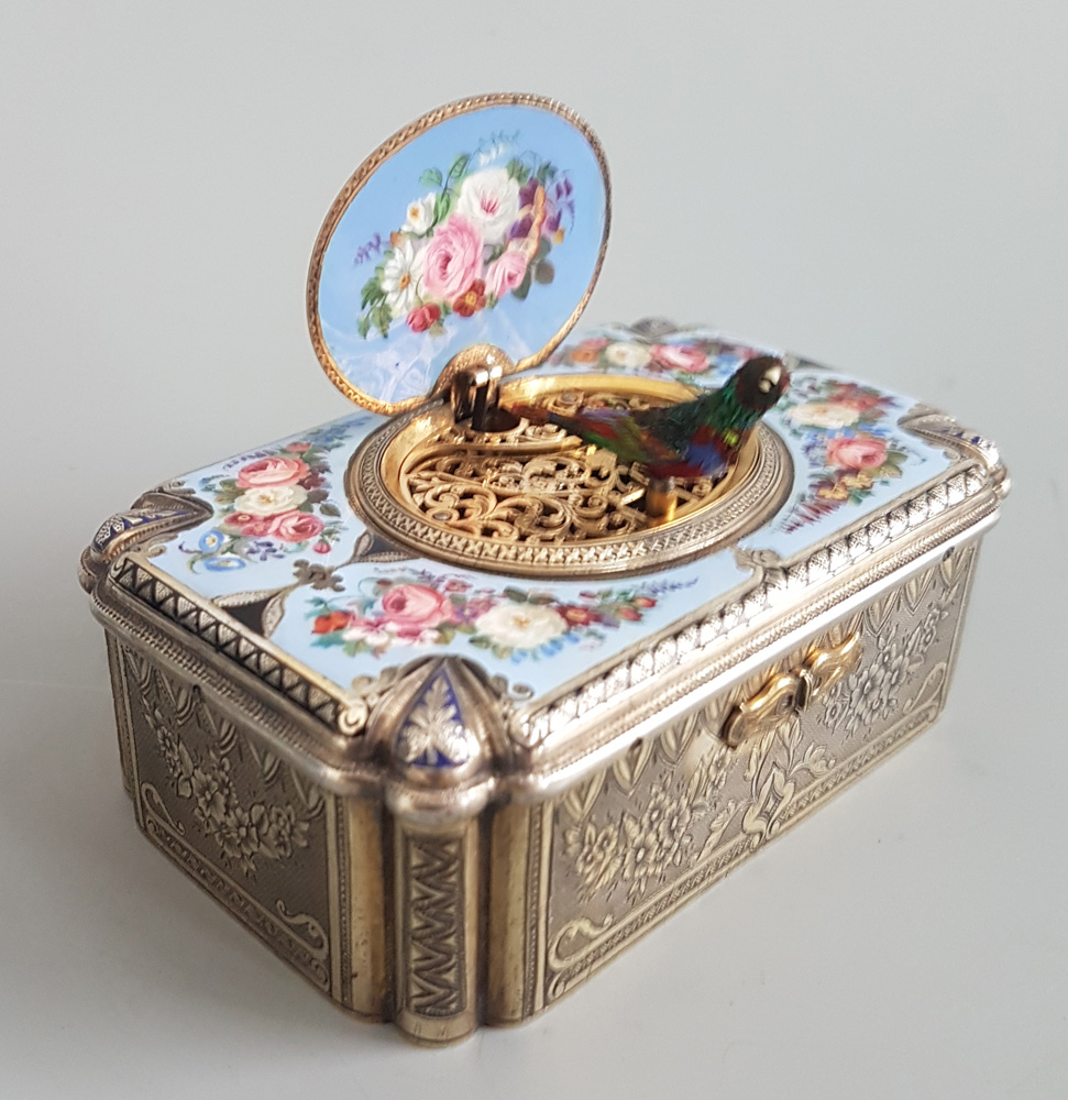 Antique Bruguier fusee singing bird box in silver gilt and enamel