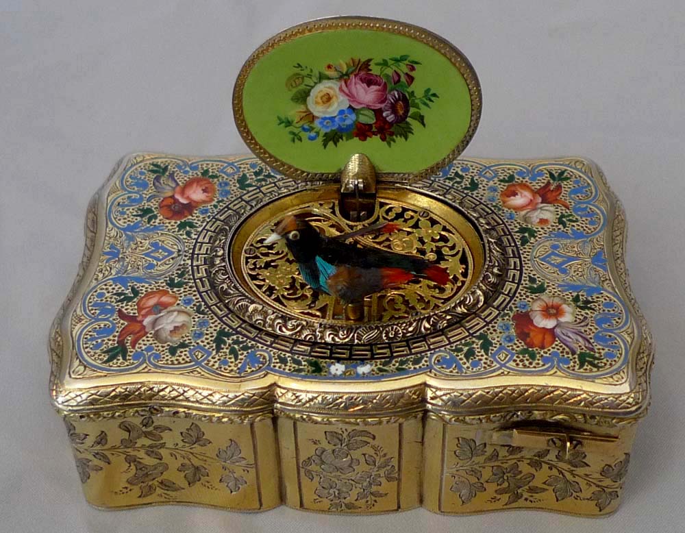 Antique Bruguier singing bird box, fusee movement, silver gilt and enamel case