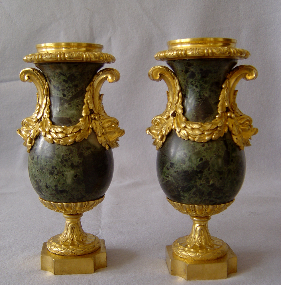 Antique French Louis XVIth marble vert and ormolu urns.