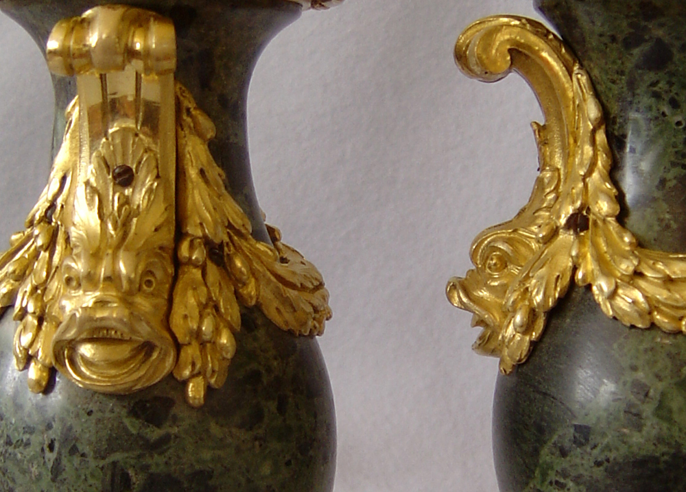 Antique French Louis XVIth marble vert and ormolu urns.