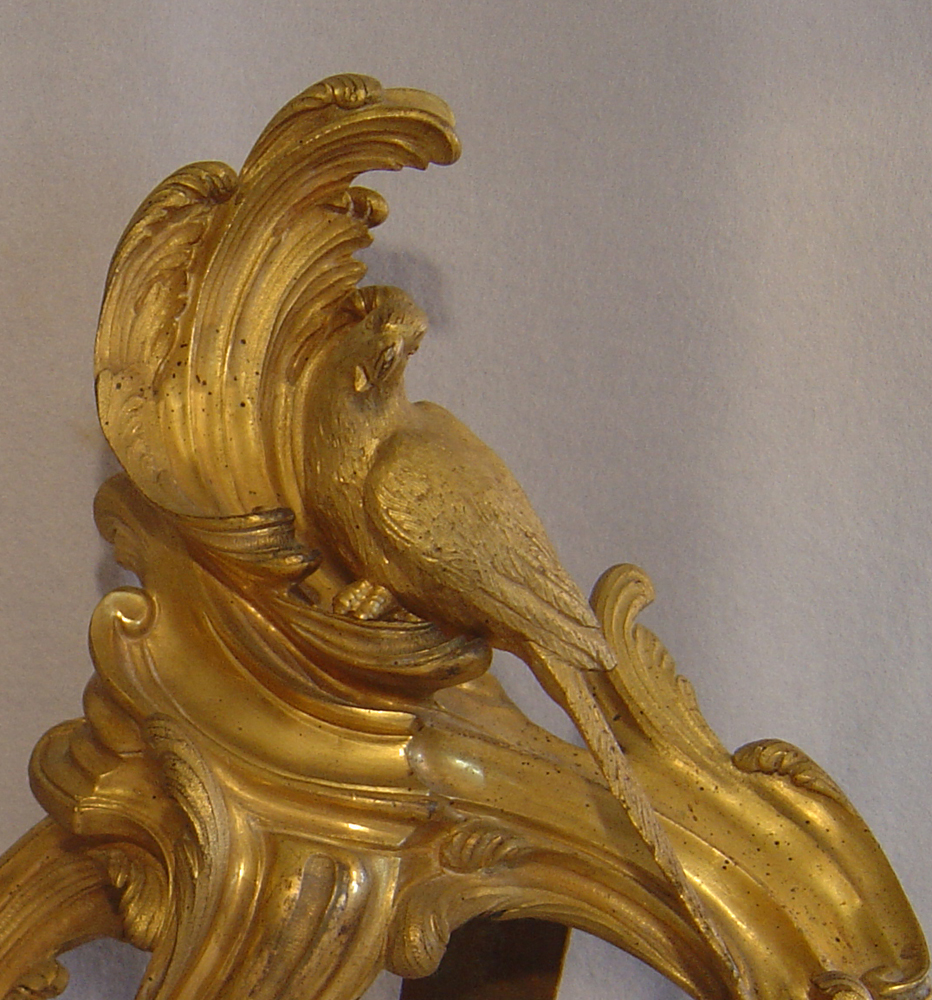Pair 18th century Louis XVth ormolu chenets with parrots.