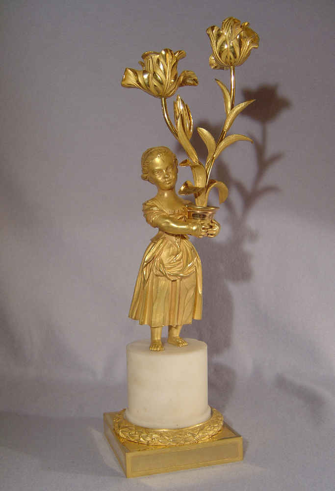 Pair Louis XVIth transitional ormolu and white marble figural candelabra
