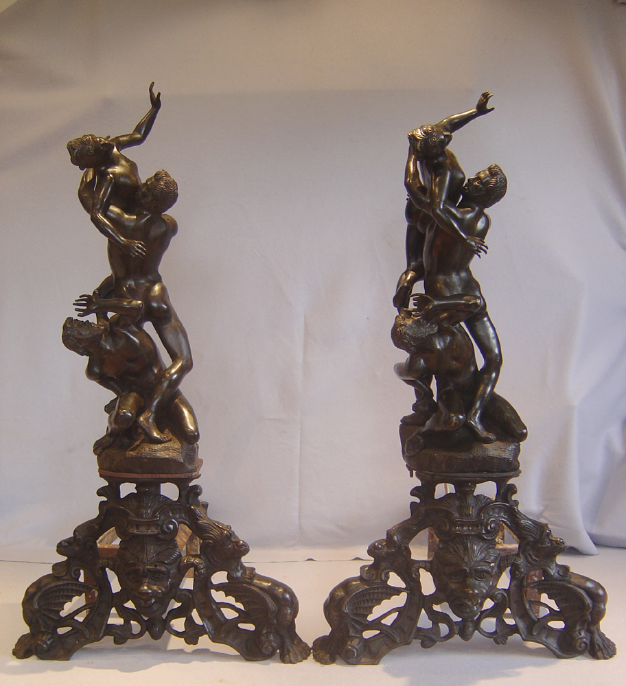 large figural bronze chenets after Gianbolognia