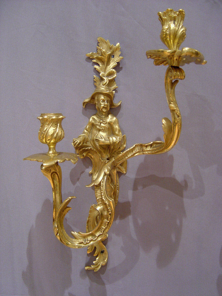 Pair Louis XV transitional ormolu chinnoiserie wall lights.