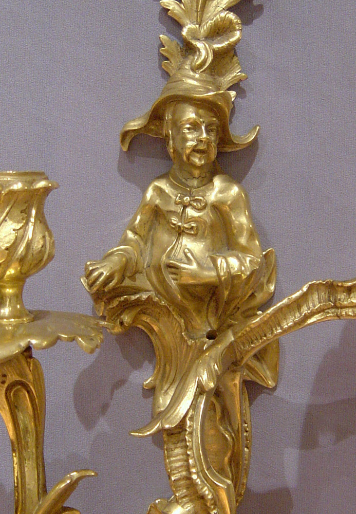 Pair Louis XV transitional ormolu chinnoiserie wall lights.
