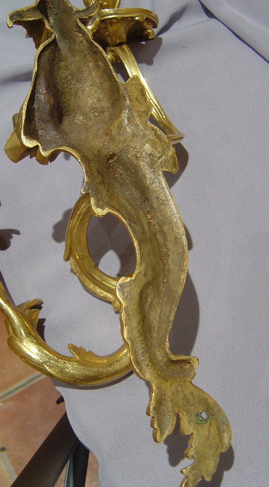 Pair Louis XV transitional ormolu chinnoiserie wall lights.