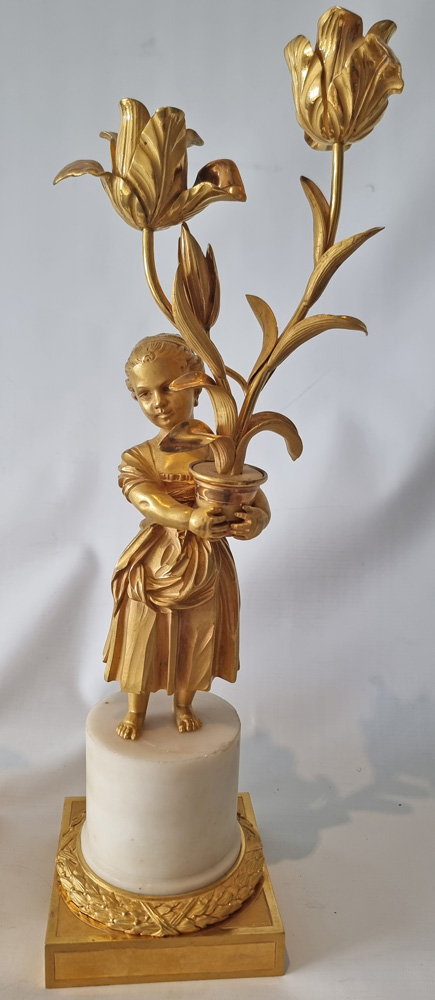 Pair Louis XVIth transitional ormolu and white marble figural candelabra