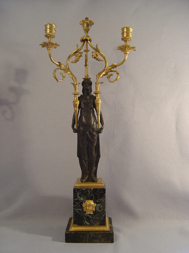 Antique pair French Directoire candelabra in patinated bronze and ormolu.
