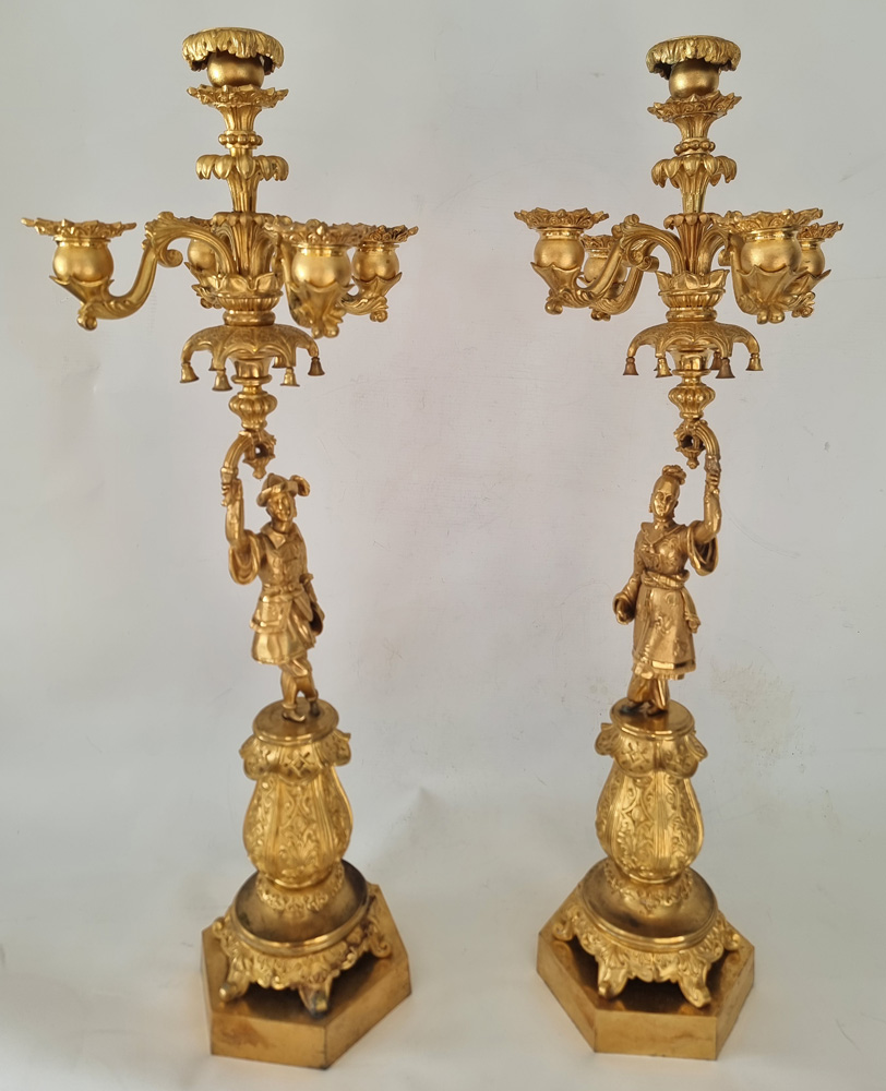 Pair antique French ormolu candelabra held by oriental figures.