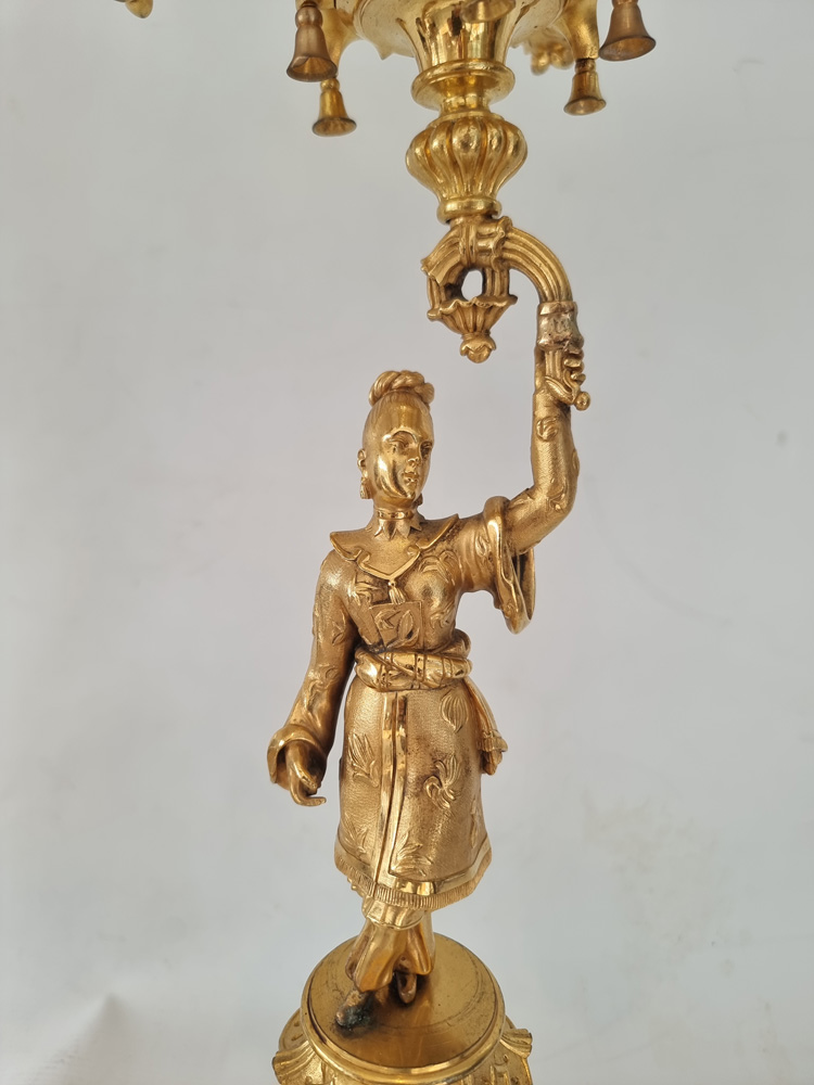 Pair antique French ormolu candelabra held by oriental figures.
