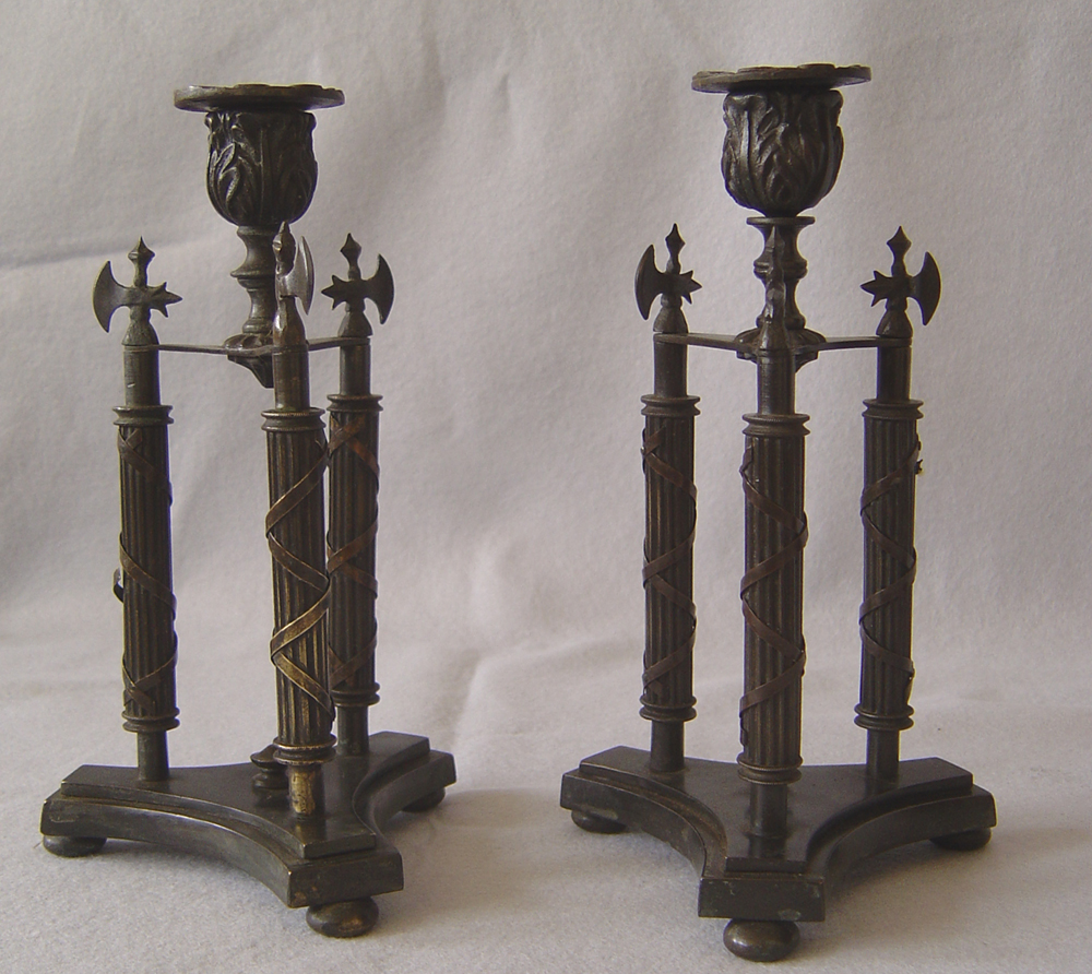 Antique French or Italian pair of unusual patinated bronze candlesticks