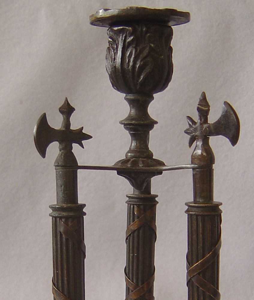 Antique French or Italian pair of unusual patinated bronze candlesticks