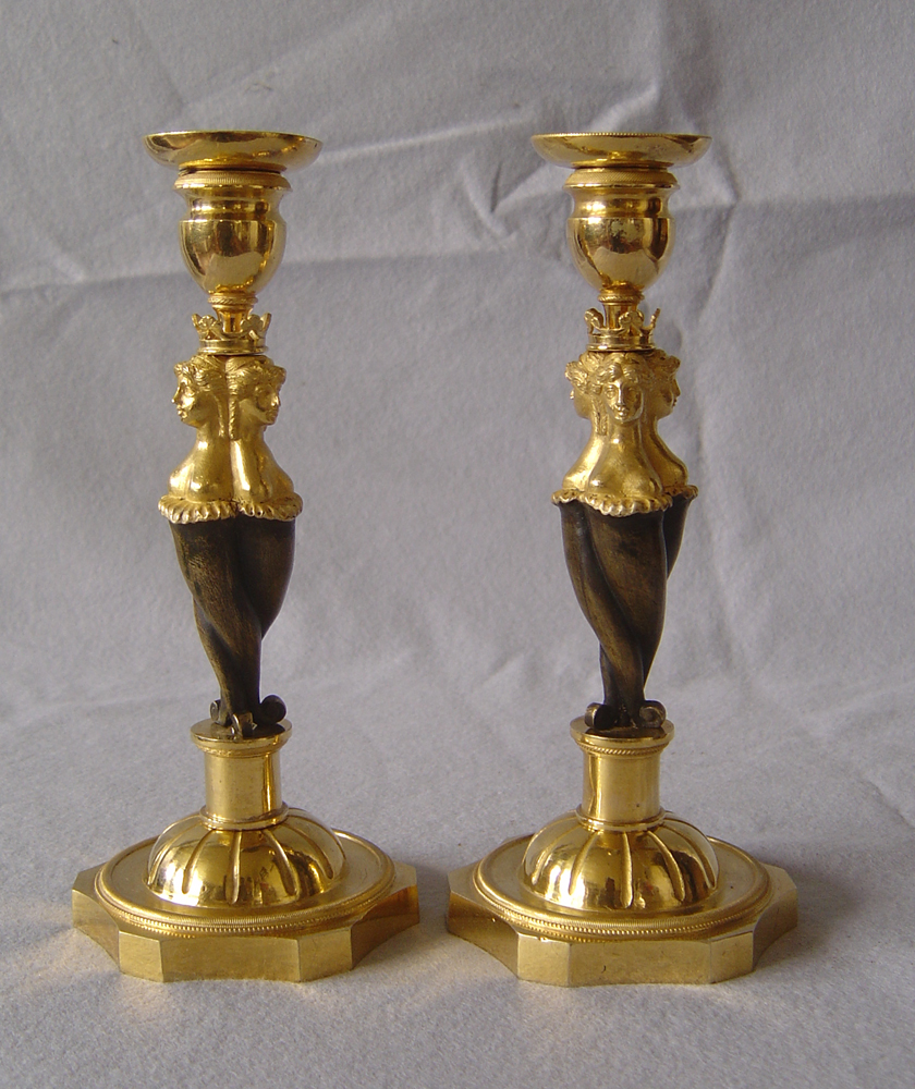 Rare Russian or Baltic candlesticks in patinated bronze and omolu