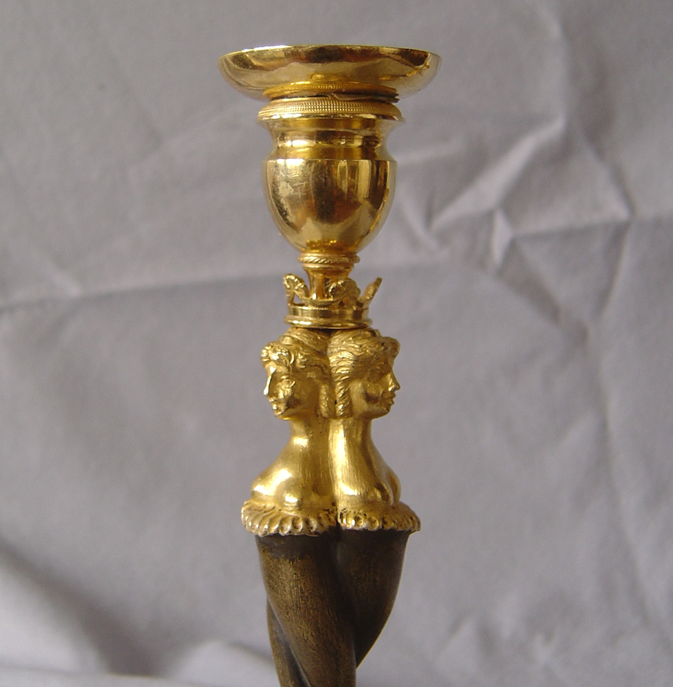 Rare Russian or Baltic candlesticks in patinated bronze and omolu