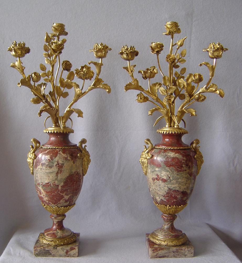 Pair of Russian marble and ormolu mounted three branch candela