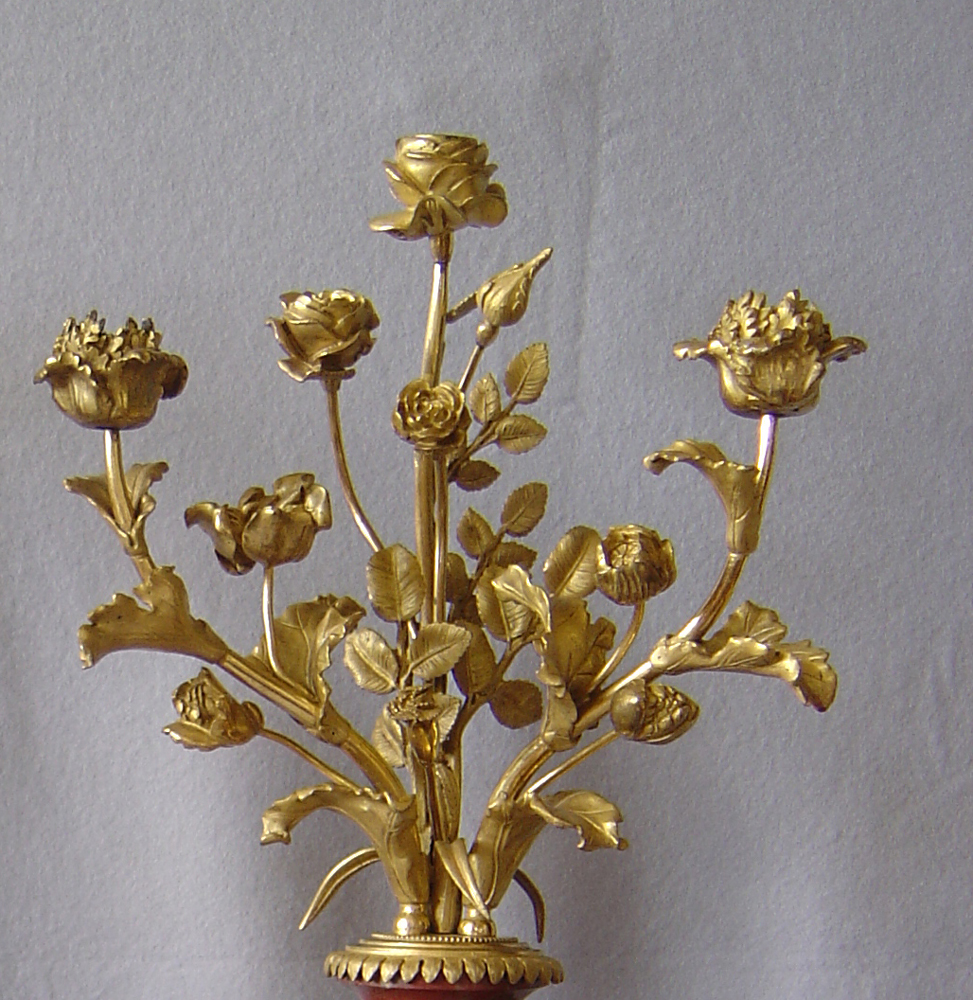 Pair of Russian marble and ormolu mounted three branch candela