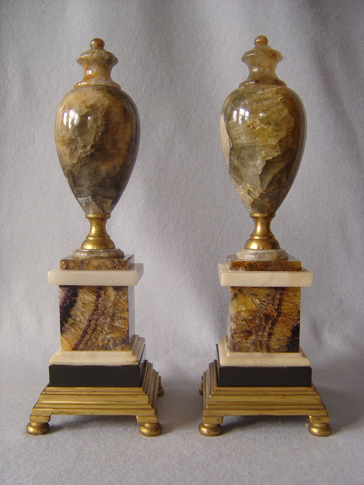 Antique English Derbyshire Blue John gilt bronze mounted urns.