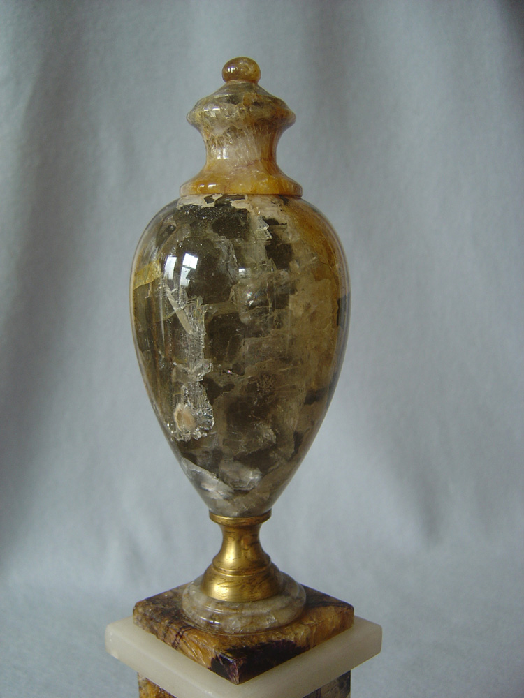 Antique English Derbyshire Blue John gilt bronze mounted urns.