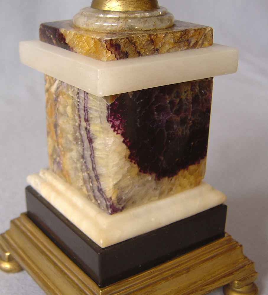 Antique English Derbyshire Blue John gilt bronze mounted urns.