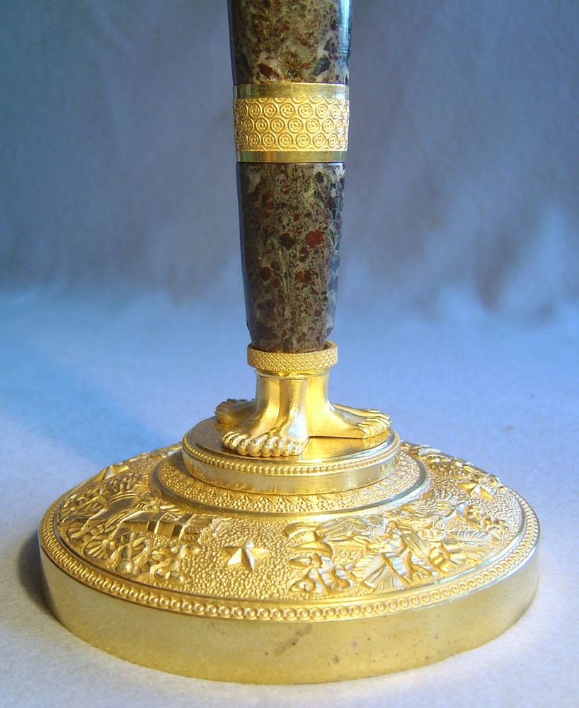 Antique French candlesticks of Empire period in ormolu and antique vert marble.