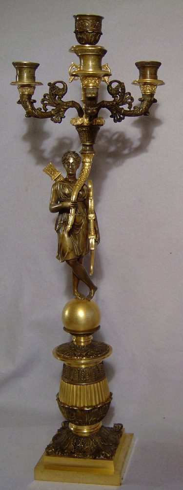 Antique English or French ormolu and patinated bronze figural candelabra.